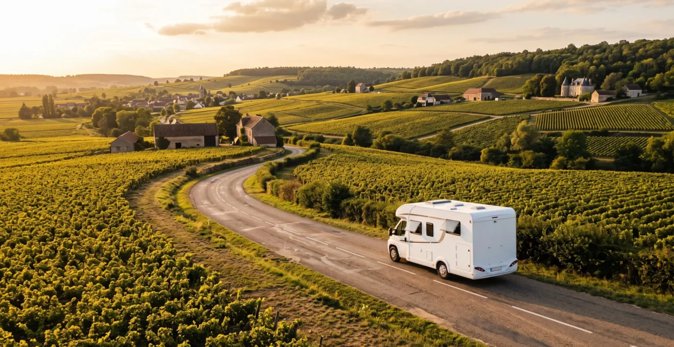 White campervan driving on a rural road through French vineyard countryside