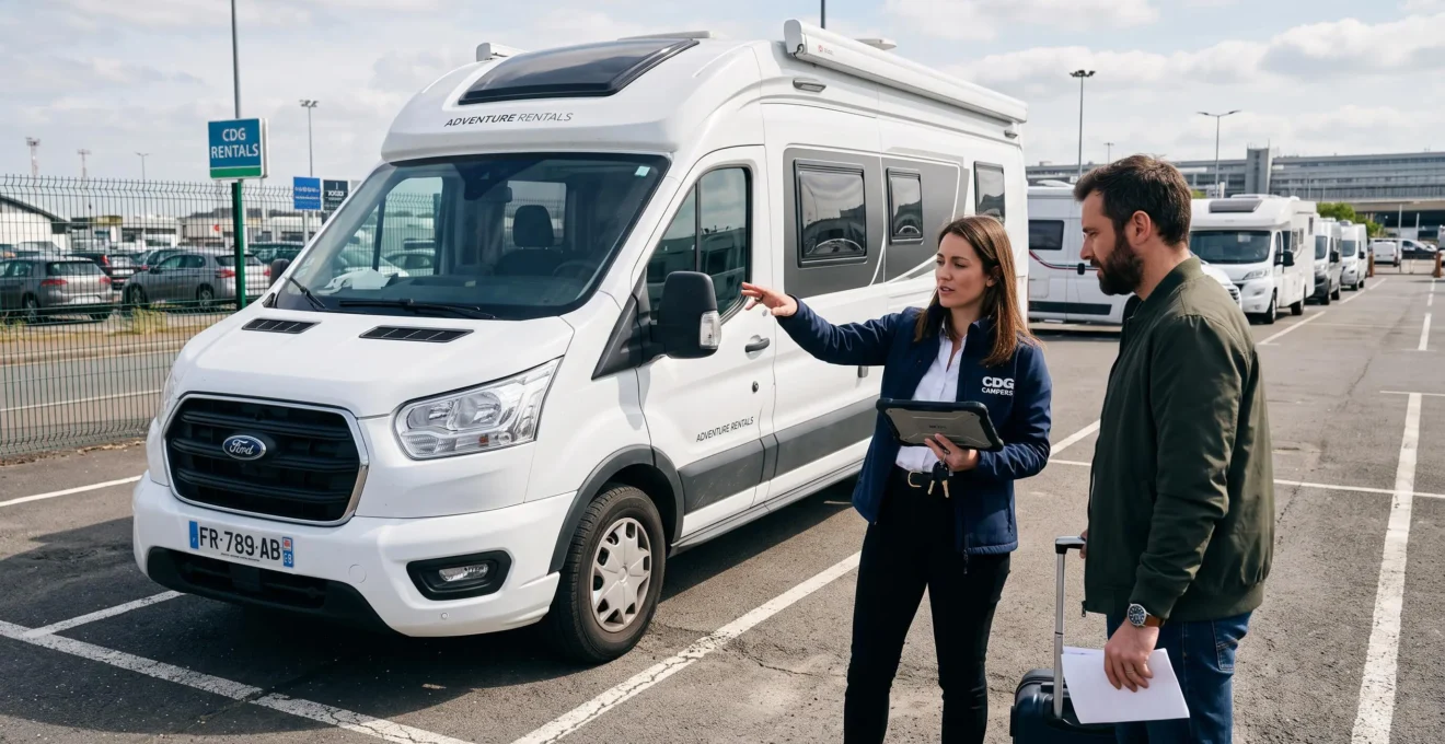 Rental professional and customer inspecting a campervan at Paris CDG airport facility