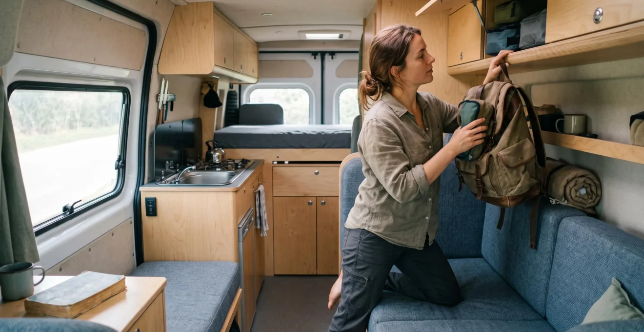 Traveller organising belongings in the interior living space of a campervan