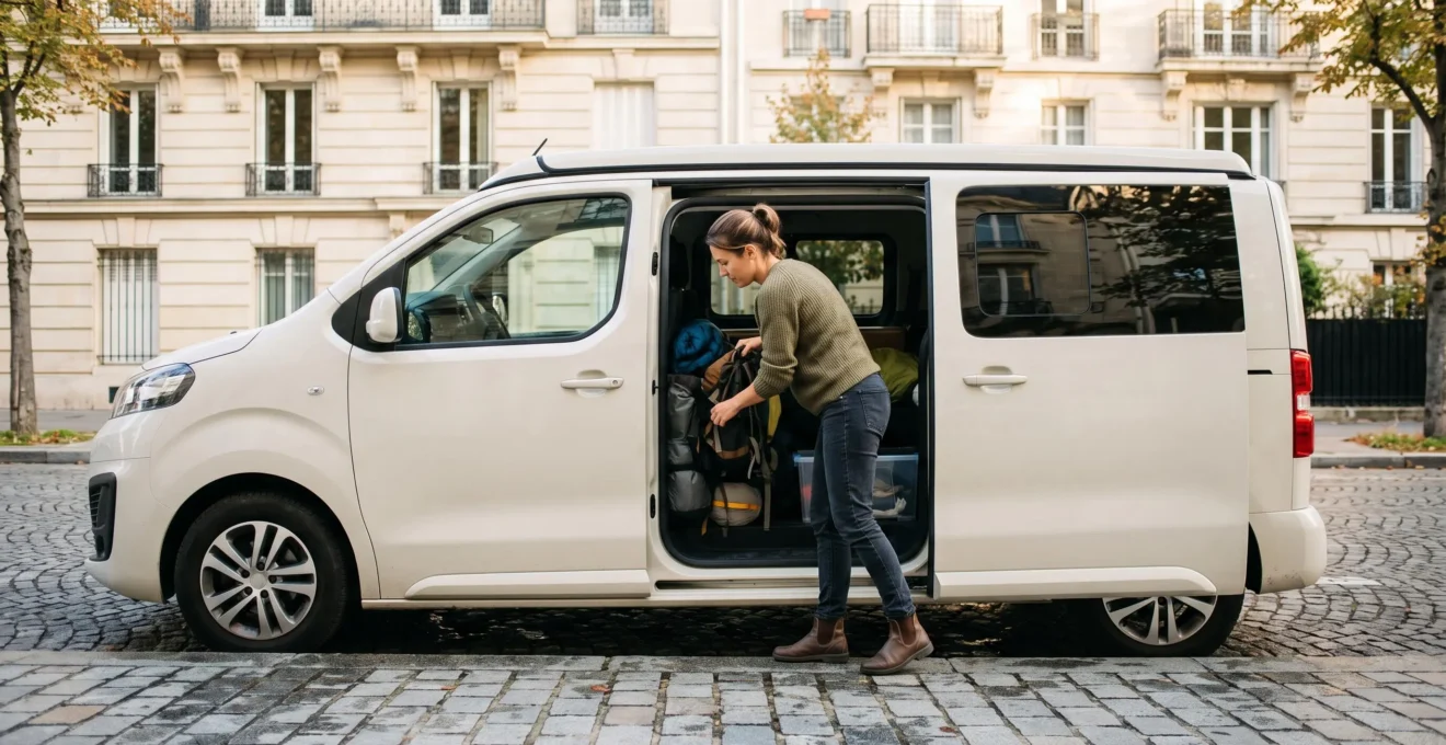 Person packing travel gear into a white campervan parked on a French residential street