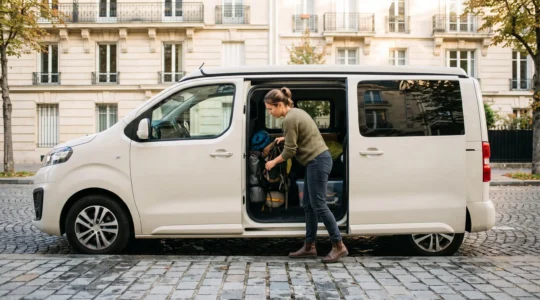 Person packing travel gear into a white campervan parked on a French residential street